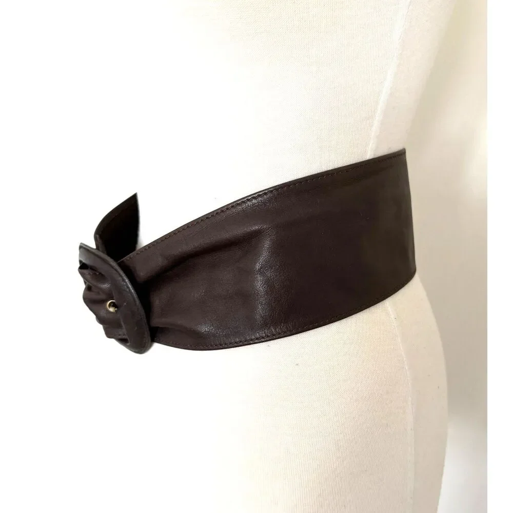 Max Mara Brown Leather Wide Waist Belt Brown Tone Buckle Made In Italy Luxury S